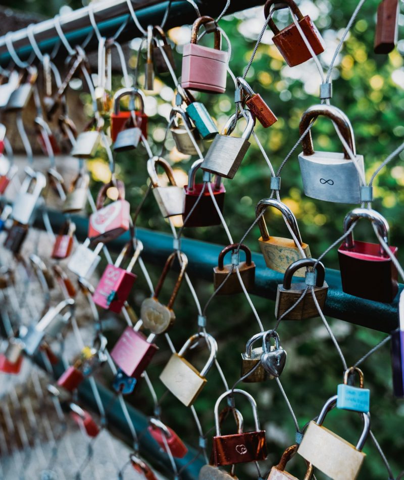 Love locks hanging on fence